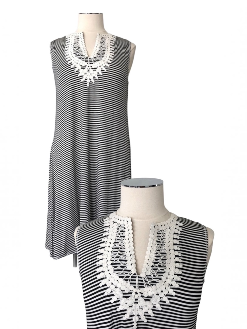 MAX STUDIO Black White Striped Embroidered Knit Dress Size Small Sleeveless